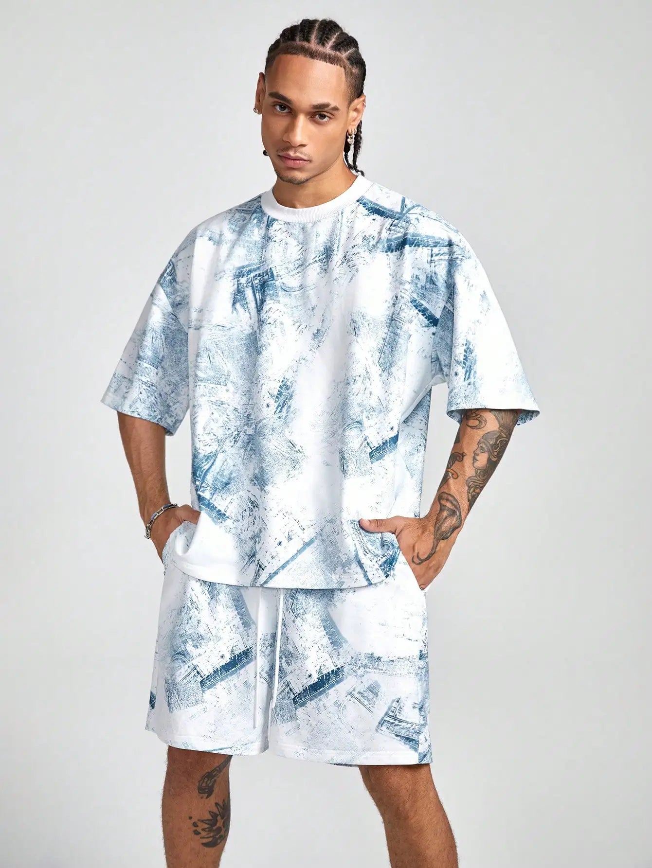 Men's sports suit, casual suit, fashionable letter printed round neck short-sleeved T-shirt, men's loose drawstring pocket shorts