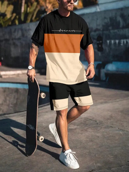 Men's sports suit, casual suit, fashionable letter printed round neck short-sleeved T-shirt, men's loose drawstring pocket shorts