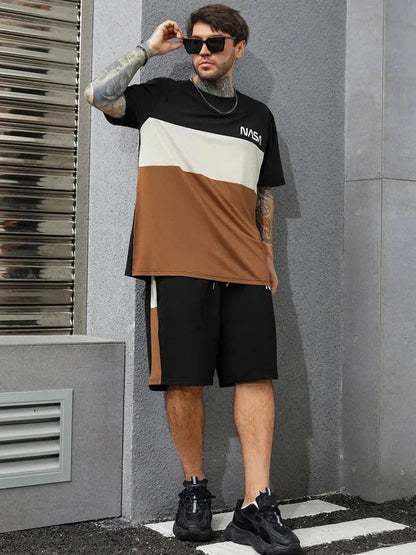 Men's sports suit, casual suit, fashionable letter printed round neck short-sleeved T-shirt, men's loose drawstring pocket shorts