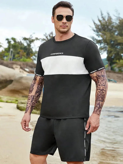 Men's sports suit, casual suit, fashionable letter printed round neck short-sleeved T-shirt, men's loose drawstring pocket shorts