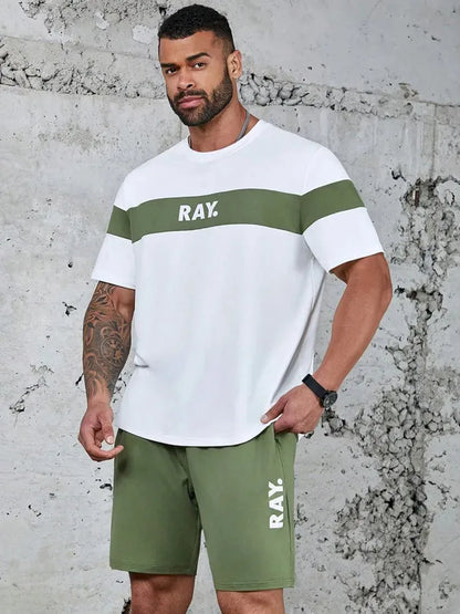 Men's sports suit, casual suit, fashionable letter printed round neck short-sleeved T-shirt, men's loose drawstring pocket shorts