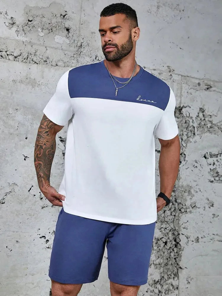 Men's sports suit, casual suit, fashionable letter printed round neck short-sleeved T-shirt, men's loose drawstring pocket shorts
