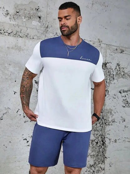 Men's sports suit, casual suit, fashionable letter printed round neck short-sleeved T-shirt, men's loose drawstring pocket shorts