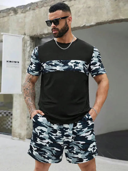Men's sports suit, casual suit, fashionable letter printed round neck short-sleeved T-shirt, men's loose drawstring pocket shorts