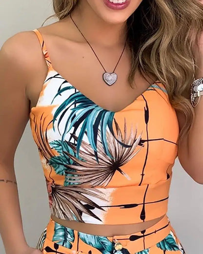 Women's Casual Summer 2 Piece Outfits - Print Spaghetti Strap Crop Top & Short Sets