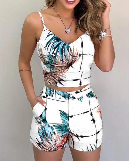 Women's Casual Summer 2 Piece Outfits - Print Spaghetti Strap Crop Top & Short Sets