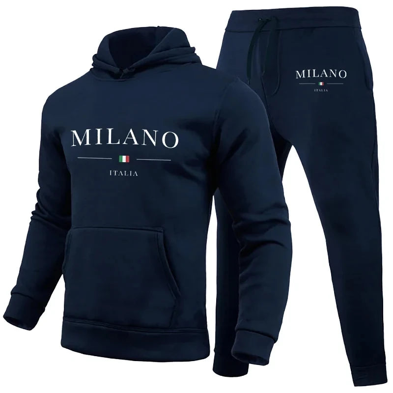 Men's Luxury Hoodie Set Milano Print Sweatshirt Sweatpants for Male Hooded Tops Jogging Trousers Suit Casual Streetwear Tracksuit