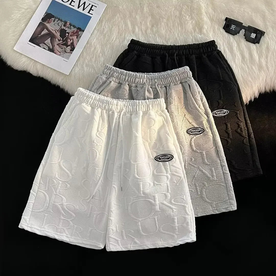 Men's Summer Loose-fit Waffle Check Short-Sleeve T-shirt and Casual Trendy Five-Point Sports Leisure Pants Set