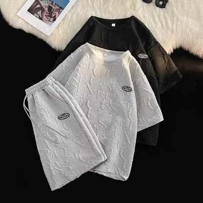 Men's Summer Loose-fit Waffle Check Short-Sleeve T-shirt and Casual Trendy Five-Point Sports Leisure Pants Set