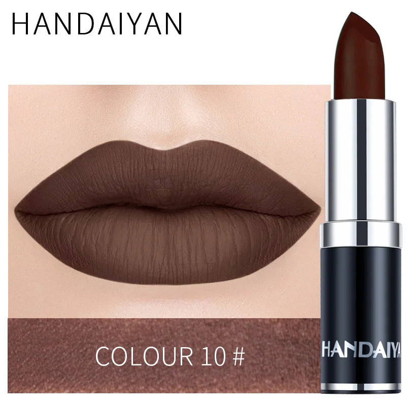 Handaiyan Sexy Nude Red Brown Purple Lip Gloss Matte Lip Gloss Velvety Lipstick Matte Waterproof Makeup Long Lasting Cosmetic