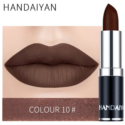 Handaiyan Sexy Nude Red Brown Purple Lip Gloss Matte Lip Gloss Velvety Lipstick Matte Waterproof Makeup Long Lasting Cosmetic
