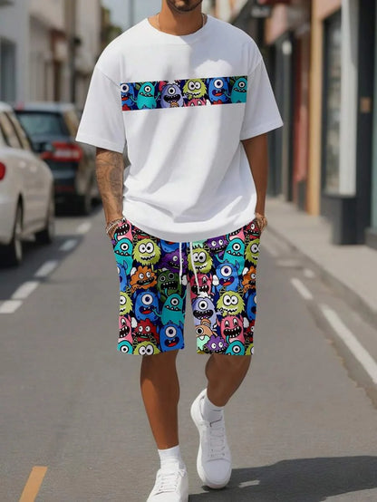 Men's sports suit, casual suit, fashionable letter printed round neck short-sleeved T-shirt, men's loose drawstring pocket shorts