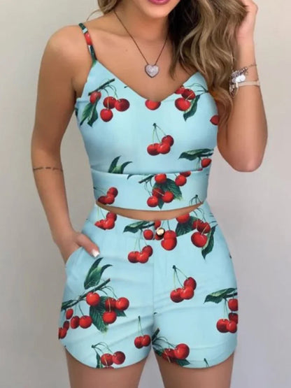 Women's Casual Summer 2 Piece Outfits - Print Spaghetti Strap Crop Top & Short Sets