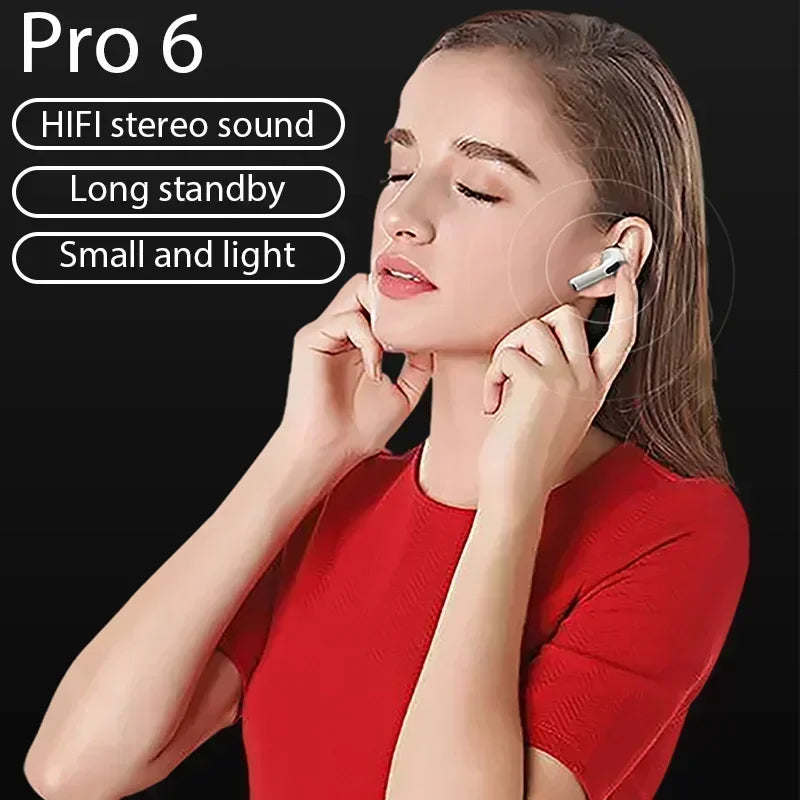 Pro 6 TWS Bluetooth Earphones High-quality Gaming Headset Wireless Noise Cancelling Headset with Mic Earbuds for iPhone Android