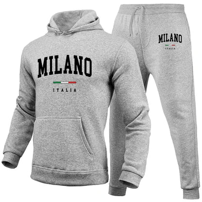 Men's Luxury Hoodie Set Milano Print Sweatshirt Sweatpants for Male Hooded Tops Jogging Trousers Suit Casual Streetwear Tracksuit