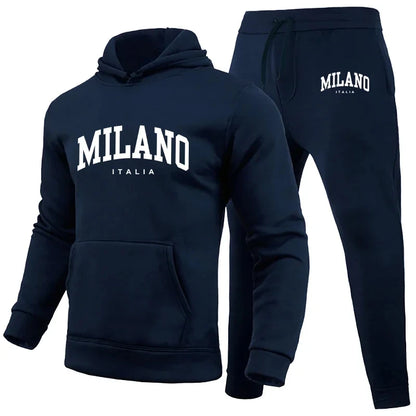 Men's Luxury Hoodie Set Milano Print Sweatshirt Sweatpants for Male Hooded Tops Jogging Trousers Suit Casual Streetwear Tracksuit