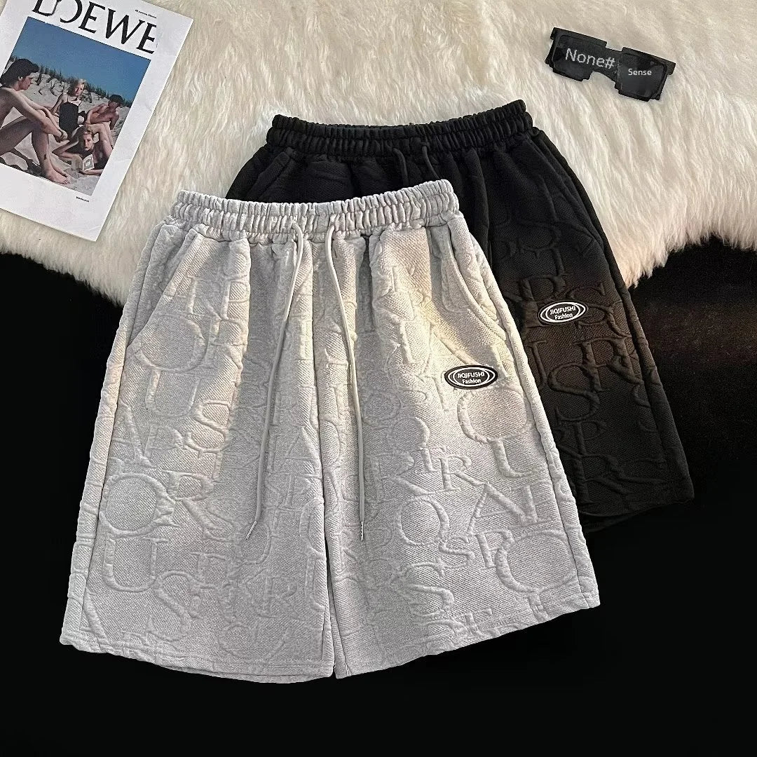 Men's Summer Loose-fit Waffle Check Short-Sleeve T-shirt and Casual Trendy Five-Point Sports Leisure Pants Set