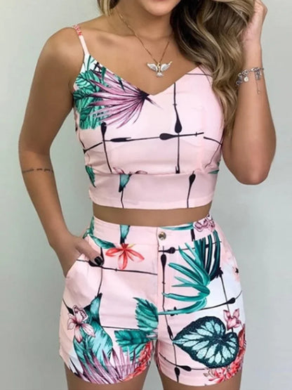 Women's Casual Summer 2 Piece Outfits - Print Spaghetti Strap Crop Top & Short Sets