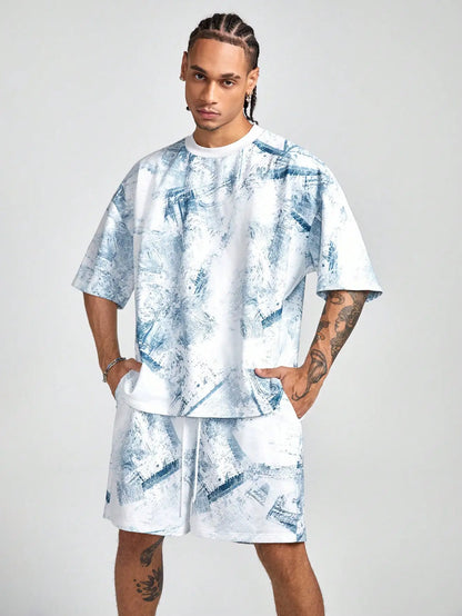 Men's sports suit, casual suit, fashionable letter printed round neck short-sleeved T-shirt, men's loose drawstring pocket shorts