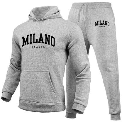 Men's Luxury Hoodie Set Milano Print Sweatshirt Sweatpants for Male Hooded Tops Jogging Trousers Suit Casual Streetwear Tracksuit