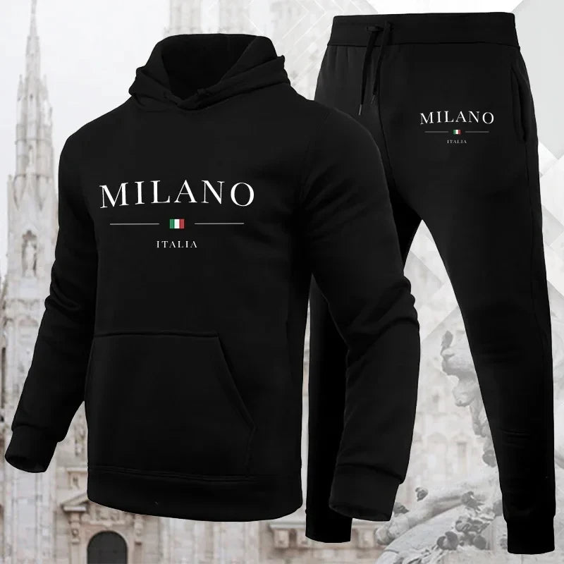 Men's Luxury Hoodie Set Milano Print Sweatshirt Sweatpants for Male Hooded Tops Jogging Trousers Suit Casual Streetwear Tracksuit