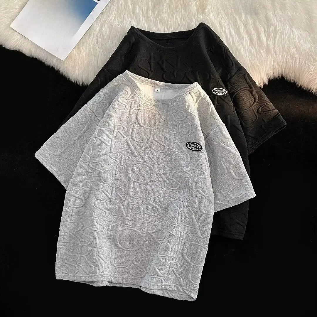Men's Summer Loose-fit Waffle Check Short-Sleeve T-shirt and Casual Trendy Five-Point Sports Leisure Pants Set