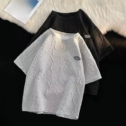 Men's Summer Loose-fit Waffle Check Short-Sleeve T-shirt and Casual Trendy Five-Point Sports Leisure Pants Set