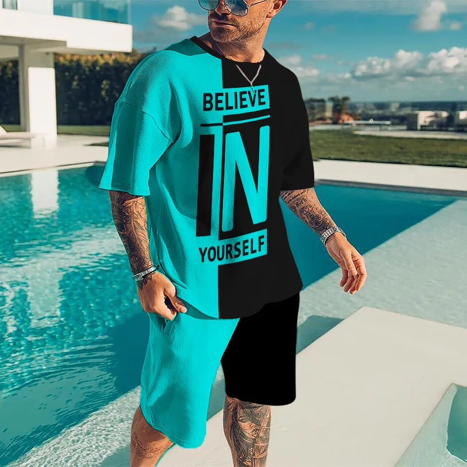 2024 Fashion Men's Sportswear 3D Patchwork Print Tees Shorts 2Pcs Sets Summer Short Sleeve T-Shirt Suit Casual Tracksuit Outfits