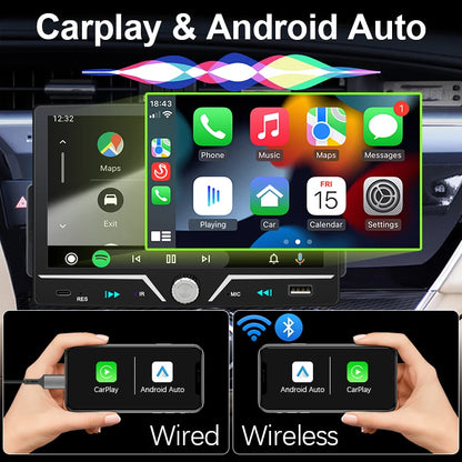Hippcron 7" 1 Din Car Radio Stereo Wireless Carplay Android Auto HD IPS Touch Screen FM Receiver Supports USB Type-C Charging