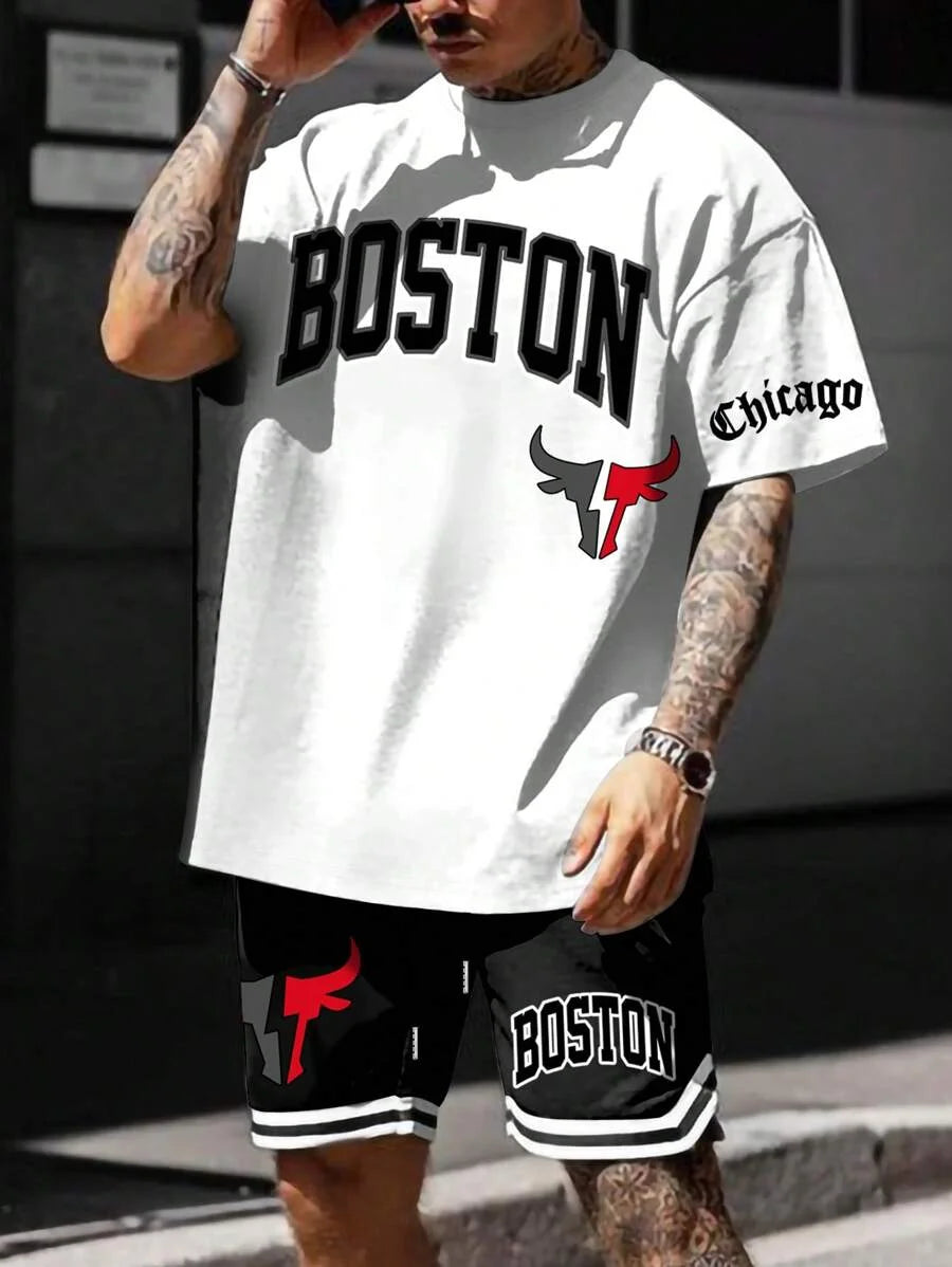Men's sports suit, casual suit, fashionable letter printed round neck short-sleeved T-shirt, men's loose drawstring pocket shorts