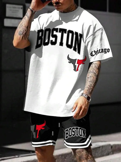 Men's sports suit, casual suit, fashionable letter printed round neck short-sleeved T-shirt, men's loose drawstring pocket shorts