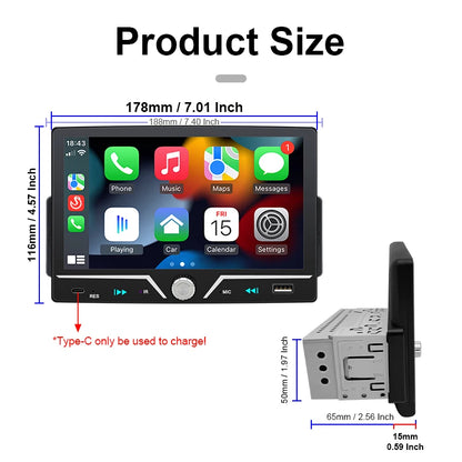 Hippcron 7" 1 Din Car Radio Stereo Wireless Carplay Android Auto HD IPS Touch Screen FM Receiver Supports USB Type-C Charging