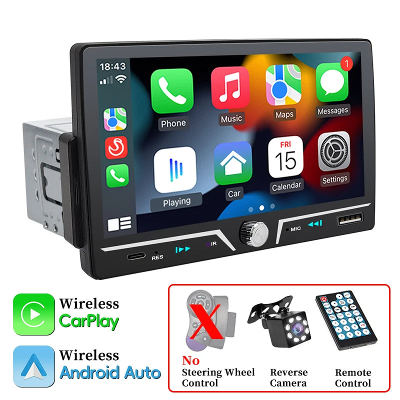 Hippcron 7" 1 Din Car Radio Stereo Wireless Carplay Android Auto HD IPS Touch Screen FM Receiver Supports USB Type-C Charging