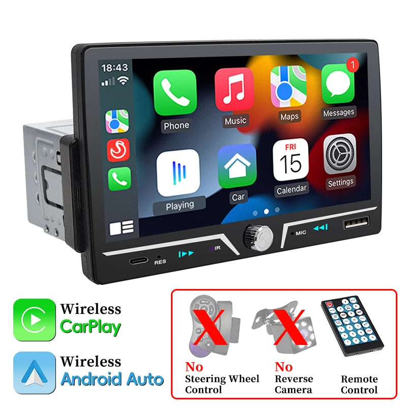 Hippcron 7" 1 Din Car Radio Stereo Wireless Carplay Android Auto HD IPS Touch Screen FM Receiver Supports USB Type-C Charging