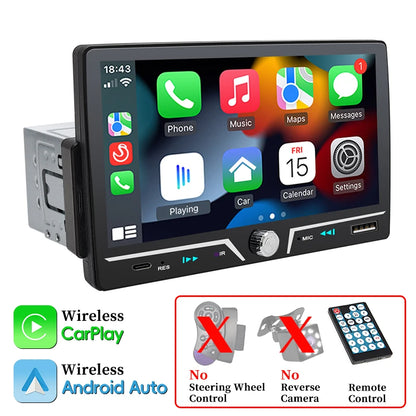 Hippcron 7" 1 Din Car Radio Stereo Wireless Carplay Android Auto HD IPS Touch Screen FM Receiver Supports USB Type-C Charging