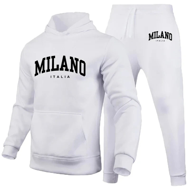 Men's Luxury Hoodie Set Milano Print Sweatshirt Sweatpants for Male Hooded Tops Jogging Trousers Suit Casual Streetwear Tracksuit