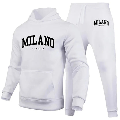 Men's Luxury Hoodie Set Milano Print Sweatshirt Sweatpants for Male Hooded Tops Jogging Trousers Suit Casual Streetwear Tracksuit