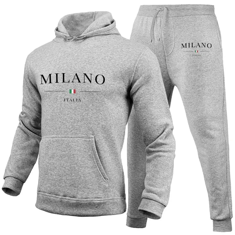 Men's Luxury Hoodie Set Milano Print Sweatshirt Sweatpants for Male Hooded Tops Jogging Trousers Suit Casual Streetwear Tracksuit