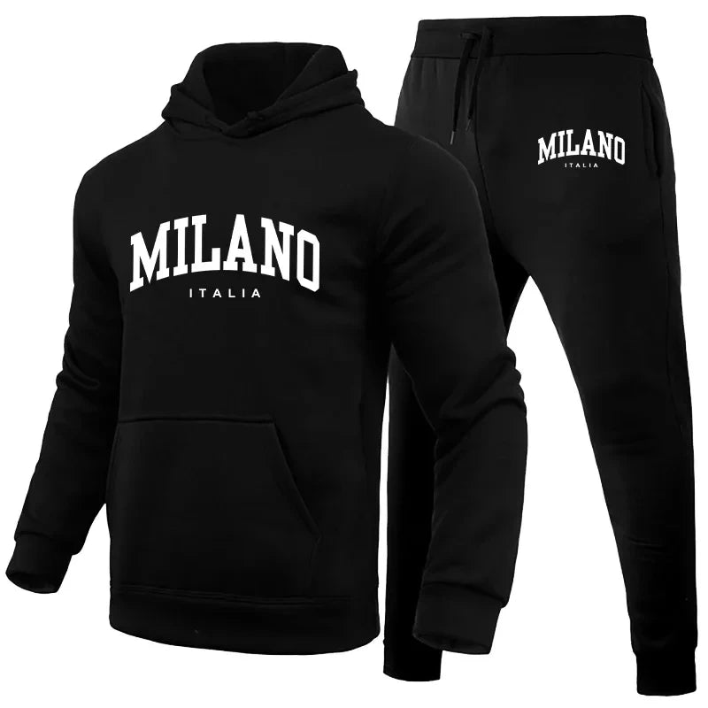 Men's Luxury Hoodie Set Milano Print Sweatshirt Sweatpants for Male Hooded Tops Jogging Trousers Suit Casual Streetwear Tracksuit