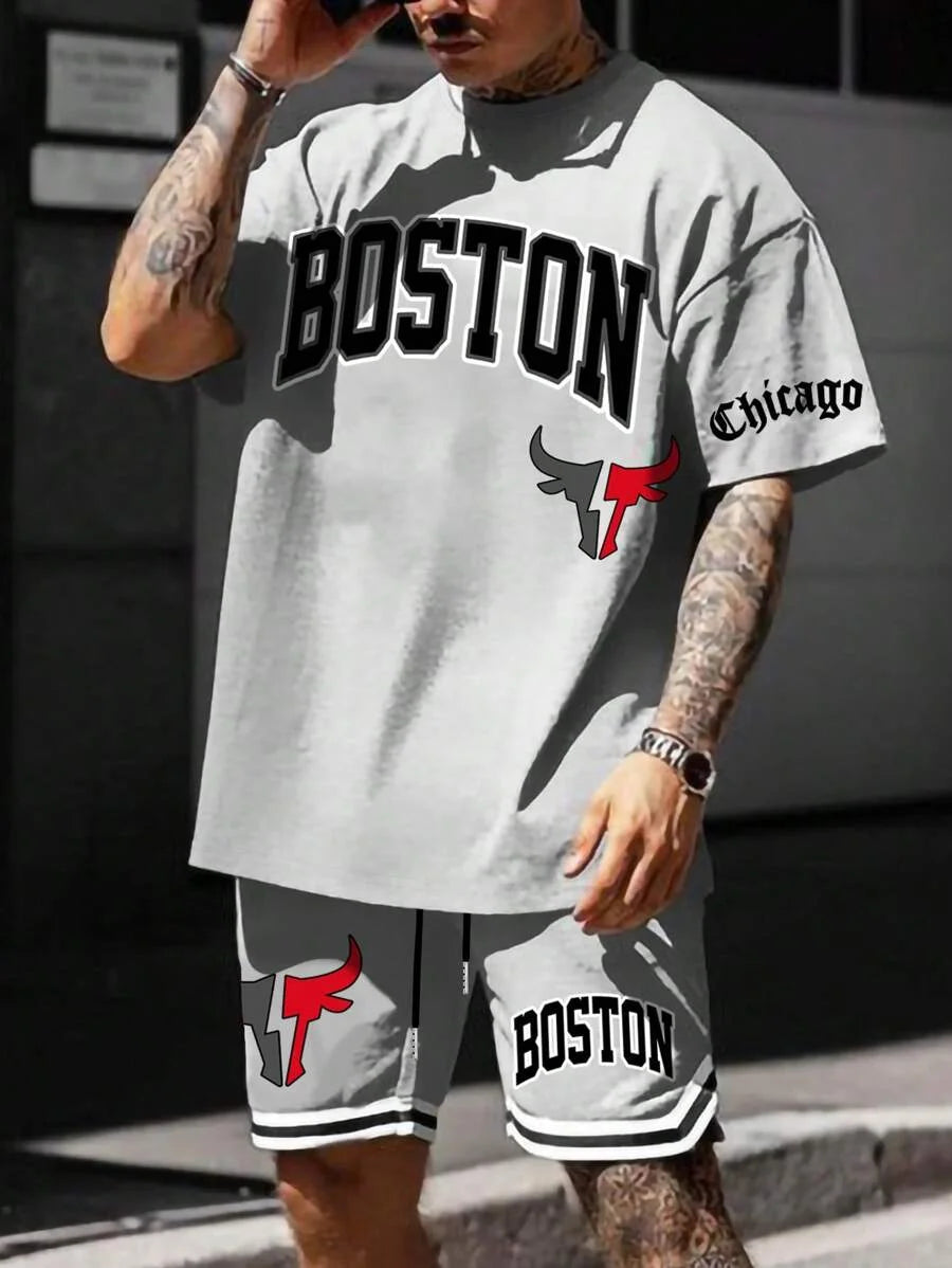 Men's sports suit, casual suit, fashionable letter printed round neck short-sleeved T-shirt, men's loose drawstring pocket shorts