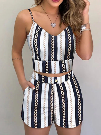 Women's Casual Summer 2 Piece Outfits - Print Spaghetti Strap Crop Top & Short Sets