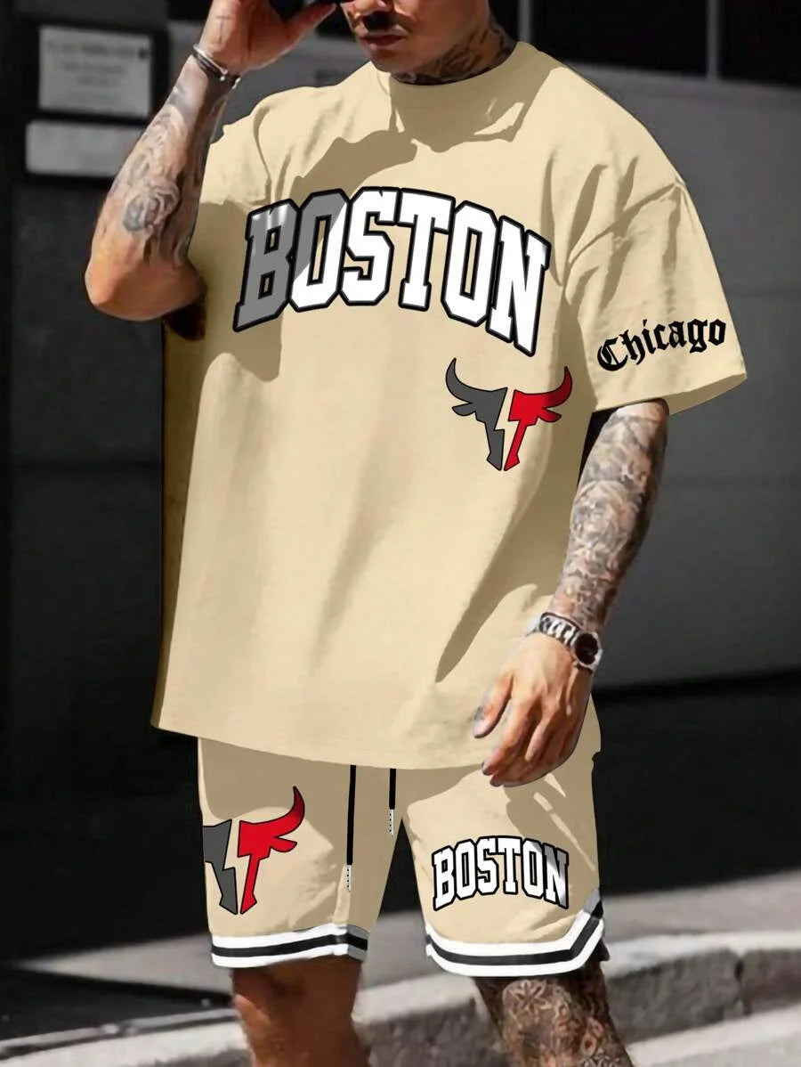 Men's sports suit, casual suit, fashionable letter printed round neck short-sleeved T-shirt, men's loose drawstring pocket shorts