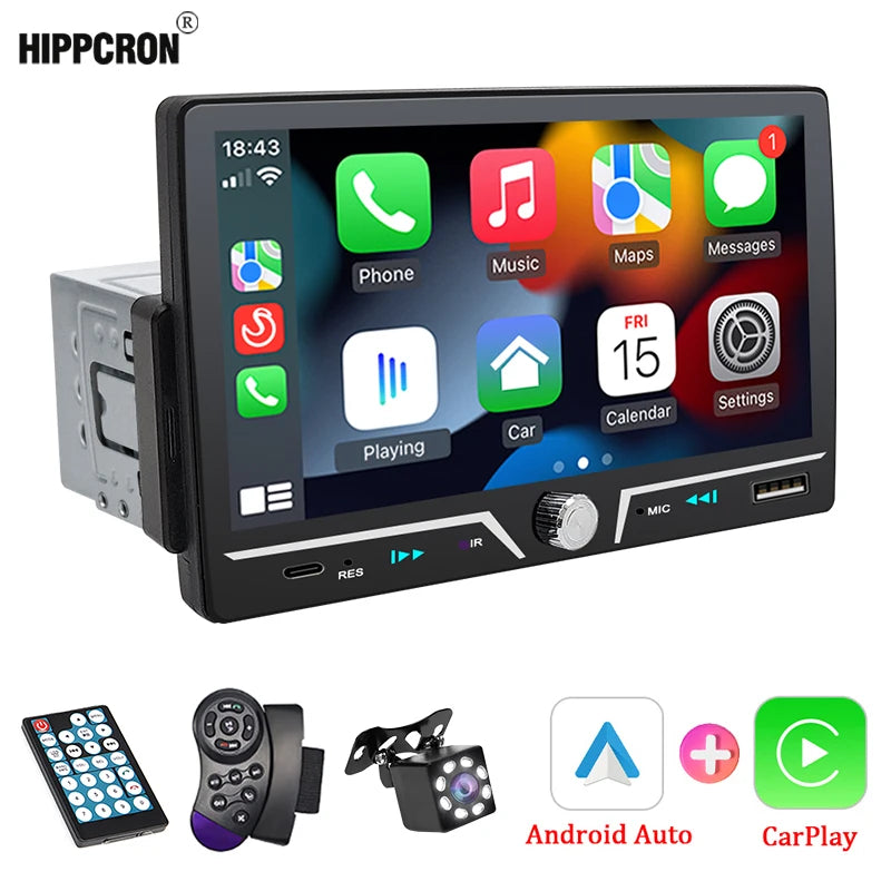 Hippcron 7" 1 Din Car Radio Stereo Wireless Carplay Android Auto HD IPS Touch Screen FM Receiver Supports USB Type-C Charging