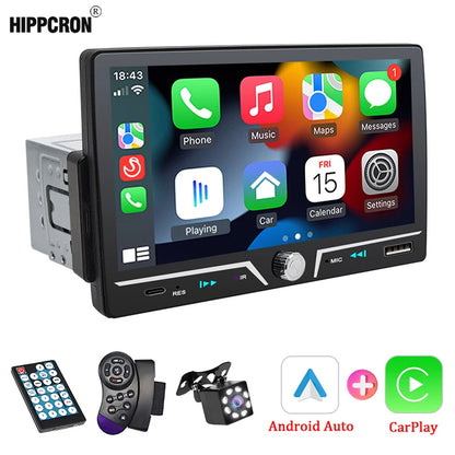 Hippcron 7" 1 Din Car Radio Stereo Wireless Carplay Android Auto HD IPS Touch Screen FM Receiver Supports USB Type-C Charging
