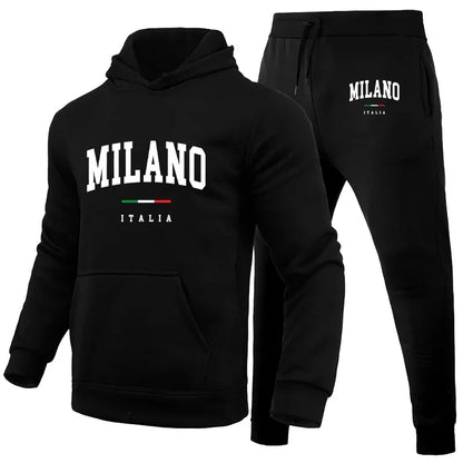 Men's Luxury Hoodie Set Milano Print Sweatshirt Sweatpants for Male Hooded Tops Jogging Trousers Suit Casual Streetwear Tracksuit