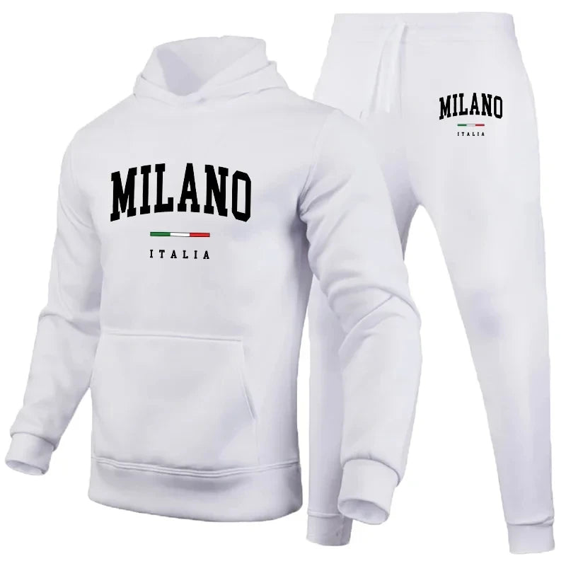 Men's Luxury Hoodie Set Milano Print Sweatshirt Sweatpants for Male Hooded Tops Jogging Trousers Suit Casual Streetwear Tracksuit