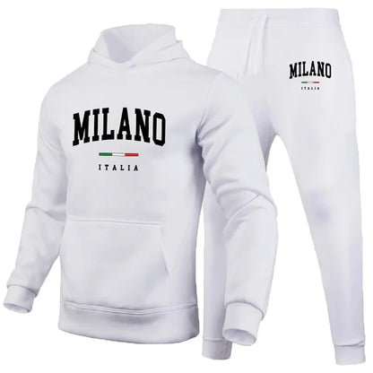 Men's Luxury Hoodie Set Milano Print Sweatshirt Sweatpants for Male Hooded Tops Jogging Trousers Suit Casual Streetwear Tracksuit