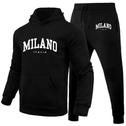 Men's Luxury Hoodie Set Milano Print Sweatshirt Sweatpants for Male Hooded Tops Jogging Trousers Suit Casual Streetwear Tracksuit