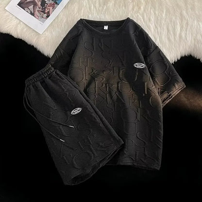 Men's Summer Loose-fit Waffle Check Short-Sleeve T-shirt and Casual Trendy Five-Point Sports Leisure Pants Set