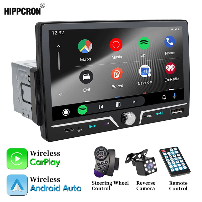 Hippcron 7" 1 Din Car Radio Stereo Wireless Carplay Android Auto HD IPS Touch Screen FM Receiver Supports USB Type-C Charging